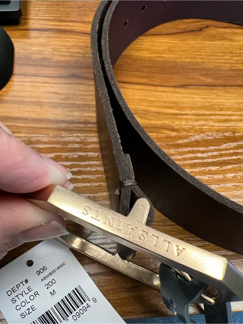 All Saints Dark Brown Leather Belt with Brass Octagon Buckle